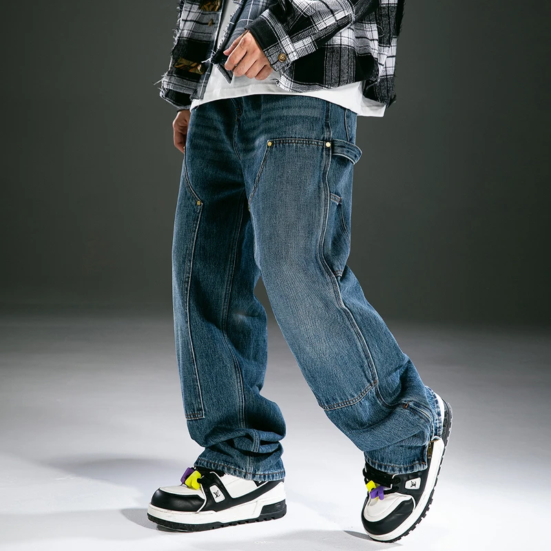 S123【铆钉伐木裤】欧美巴黎风拼接设计感铆钉装饰宽松直筒牛仔裤