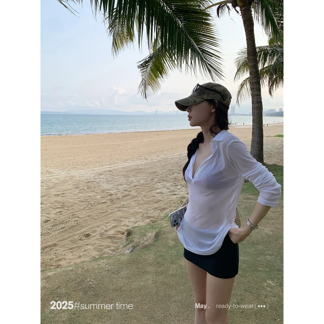 SUNONEONE 天丝防晒微透长袖T恤女夏韩版薄款凉感罩衫上衣H1097C