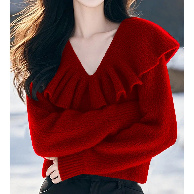 山力达迪法式复古优雅咖色v领长袖毛衣针织衫女秋冬款独好看软糯