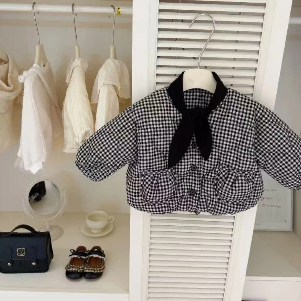 冬季女宝宝黑色格子棉衣加厚小香风棉袄外套