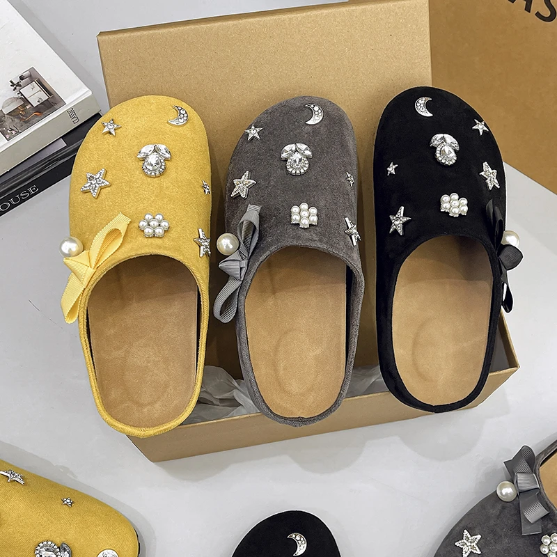 黑色水钻蝴蝶结包头半拖鞋女外穿2025春季新款百搭一脚蹬勃肯鞋子