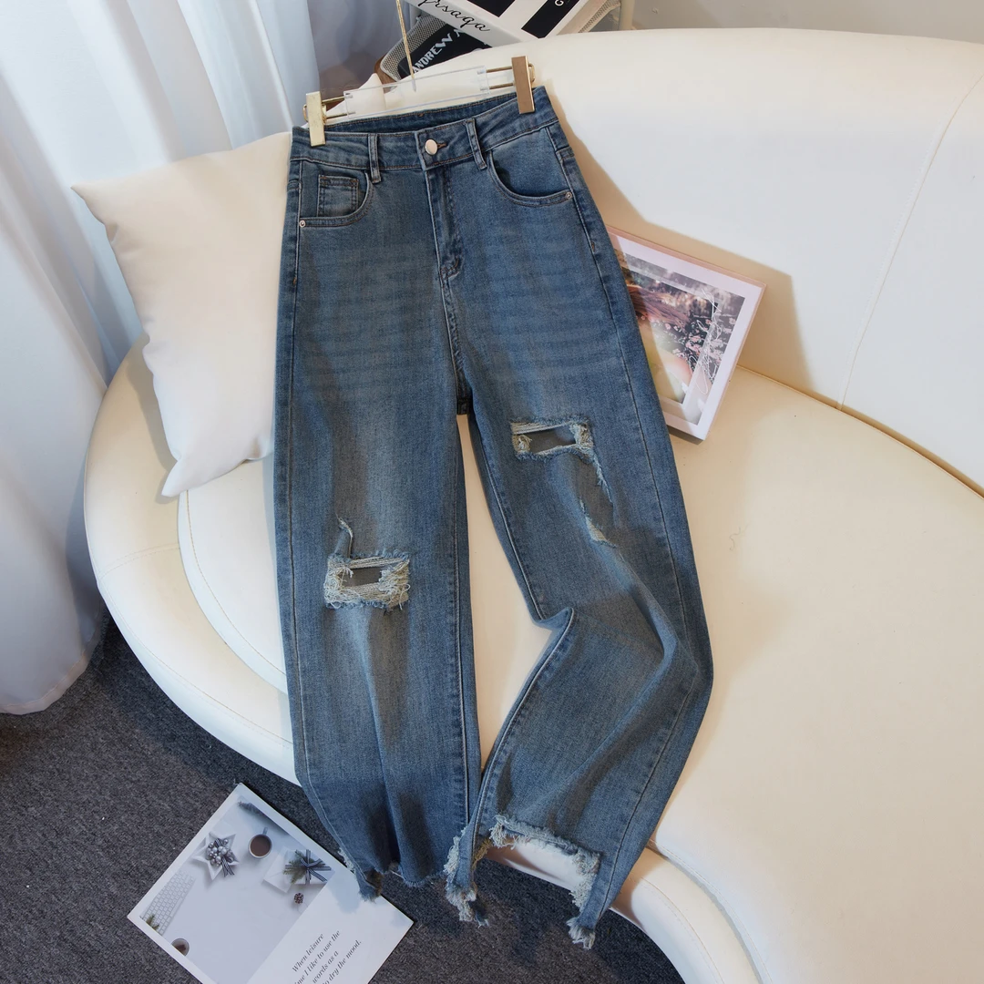 朵品欧货2025新款破洞牛仔裤女夏季弹力显瘦小个子直筒毛边烟管裤