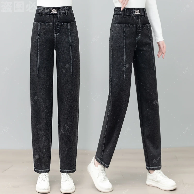 牛仔裤女2025春秋新款高腰直筒显瘦弹力弯刀垂感小个子大码牛仔裤