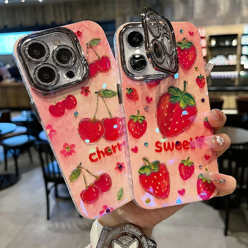 适用苹果系列iPhone16新款手机壳油画草莓樱桃银灰色闪粉镜头支架