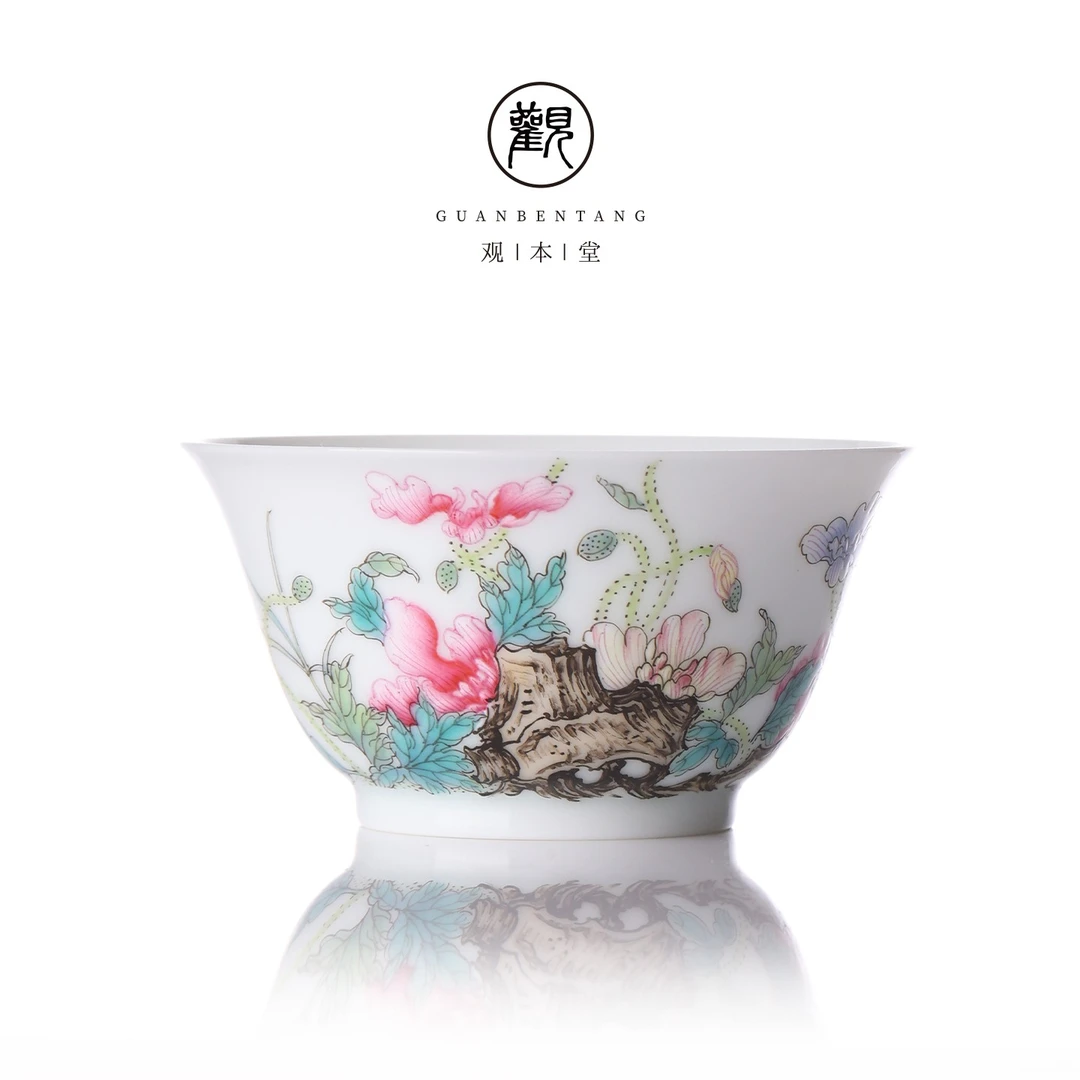 栖凤居粉彩手绘虞美人蝶恋花超薄白胎蛋壳杯景德镇高端主人杯