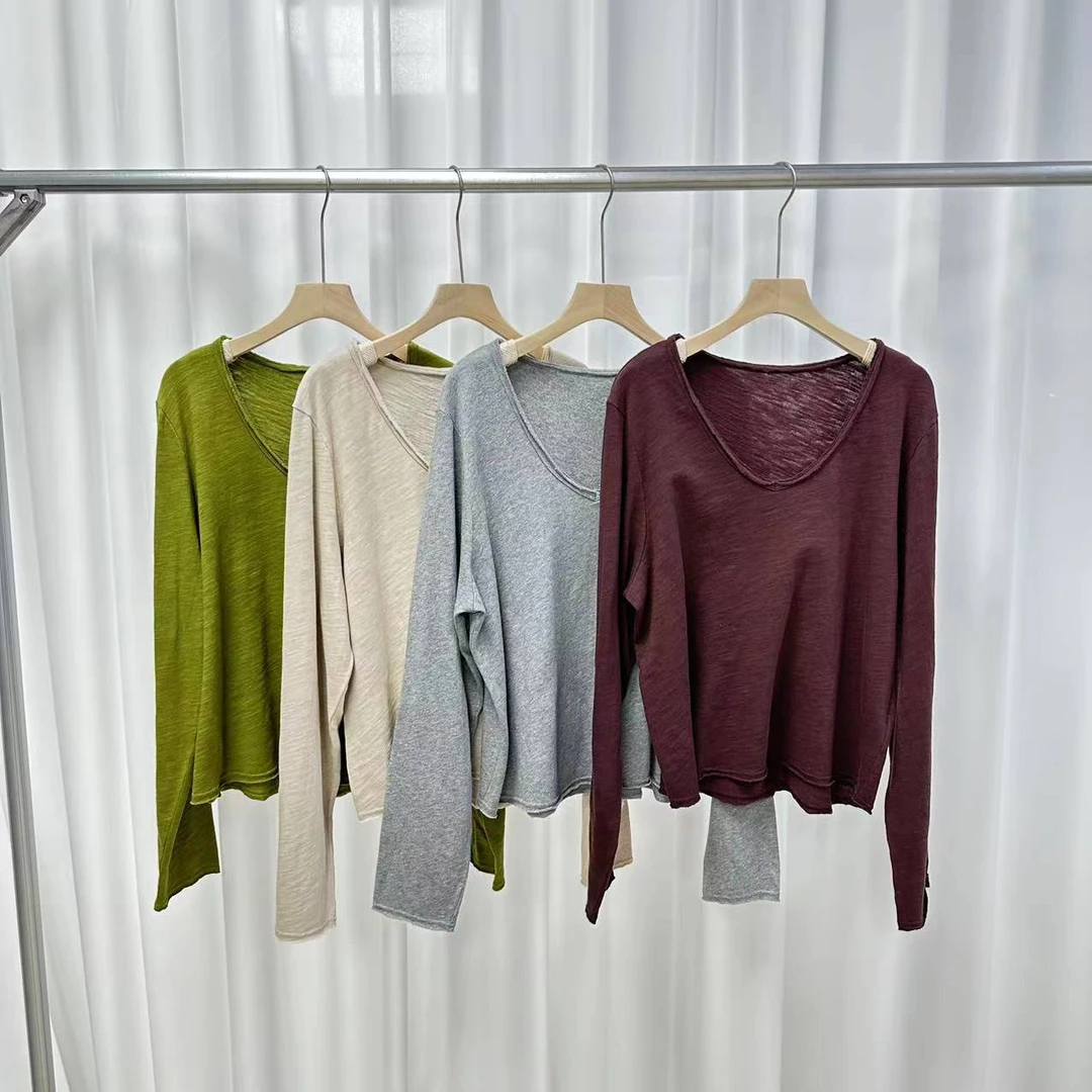 D STUDIO 四色做旧破边V领上衣 D1827