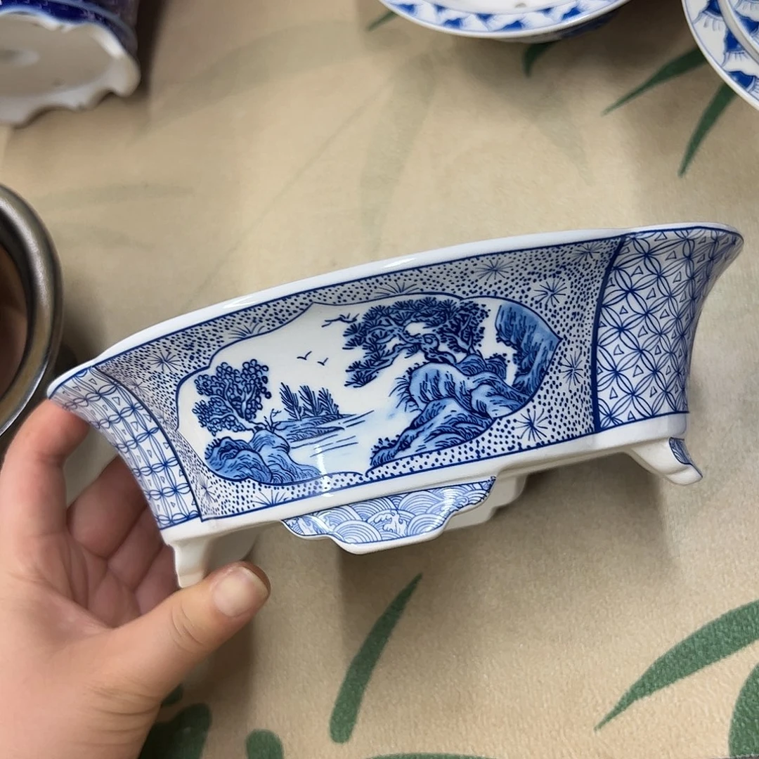 紫砂花盆970号瑕疵21/18/6.5cn仿手绘青花海棠