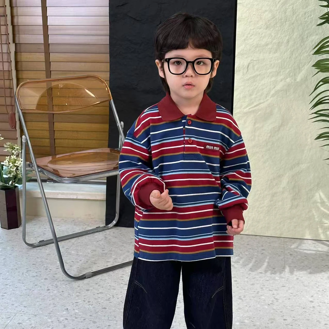 幂姐童装 儿童长袖T恤2025新款秋季休闲百搭上衣拼色棉条纹打底衫