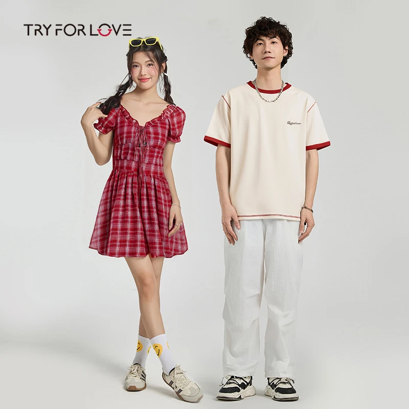 TRYFORLOVE夏季新款小个子红色格纹连衣裙休闲情侣装一衣一裙