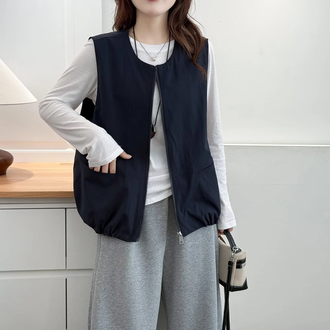 2025秋季新款大码洋气百搭宽松显瘦遮肉减龄拉链纯色女士马甲上衣