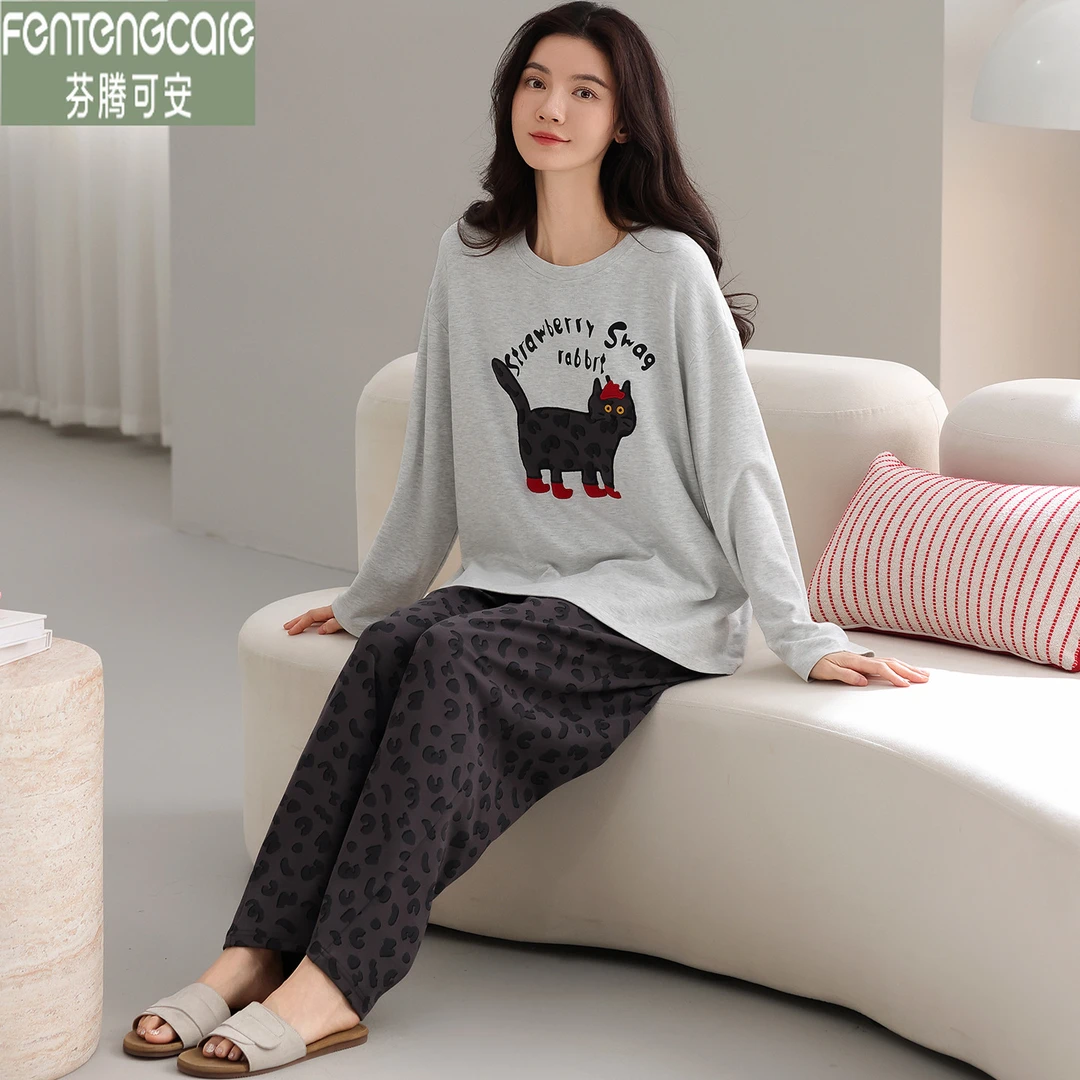 芬腾可安睡衣女士纯棉春秋季长袖新款圆领宽松休闲可爱卡通家居服