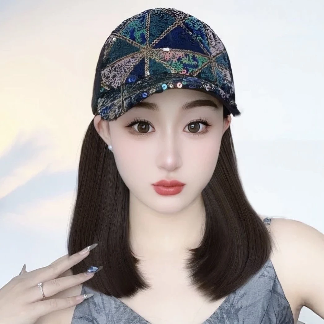 【春夏款】帽子假发一体时尚减龄百搭潮流亮片鸭舌帽短内扣显脸小