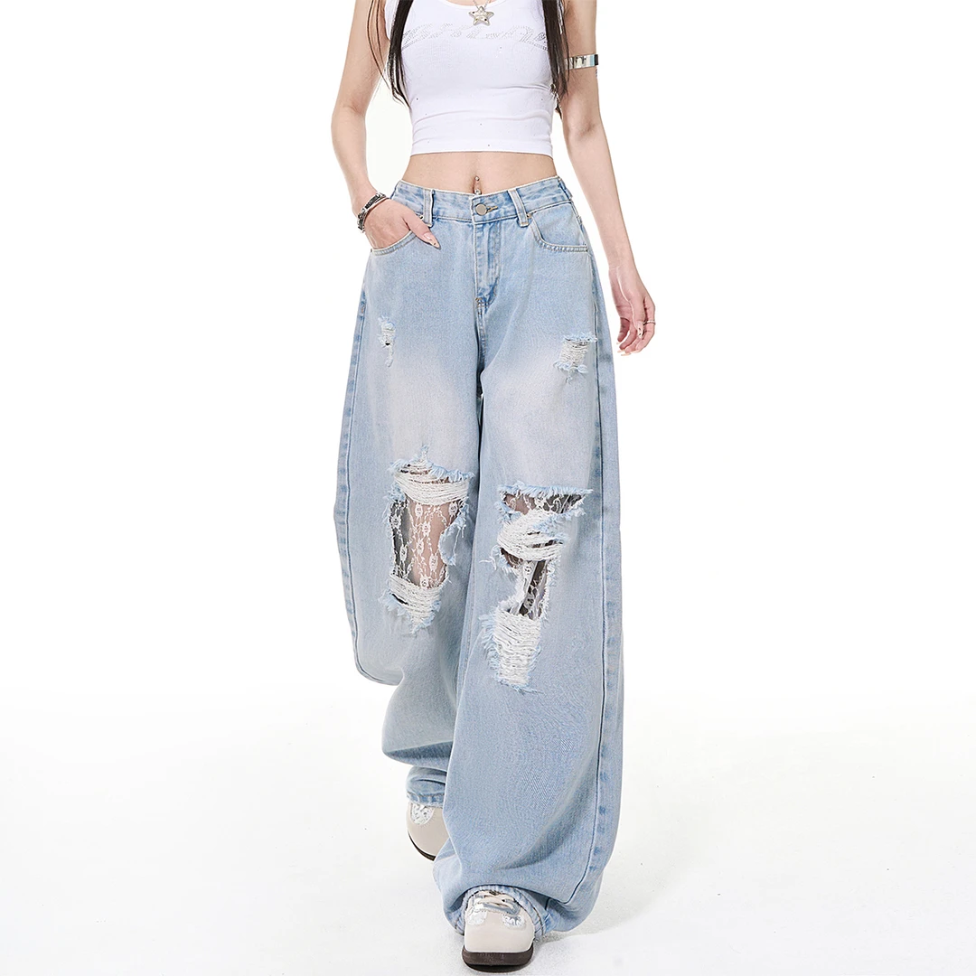 300斤大码复古风破洞牛仔裤春夏季蕾丝破洞拼接设计感小众直筒裤