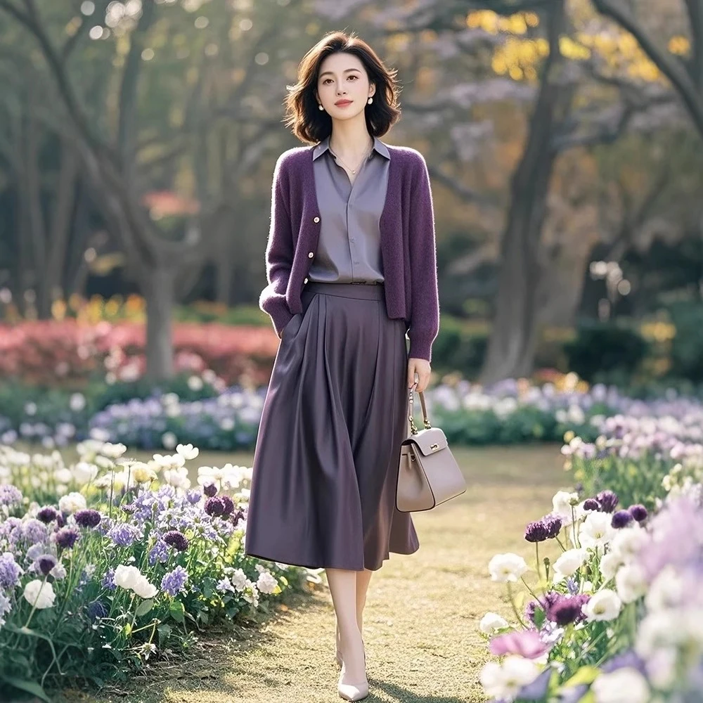 春季巨显瘦洋气欧货潮时髦休闲紫色针织开衫衬衣半身裙三件套装女