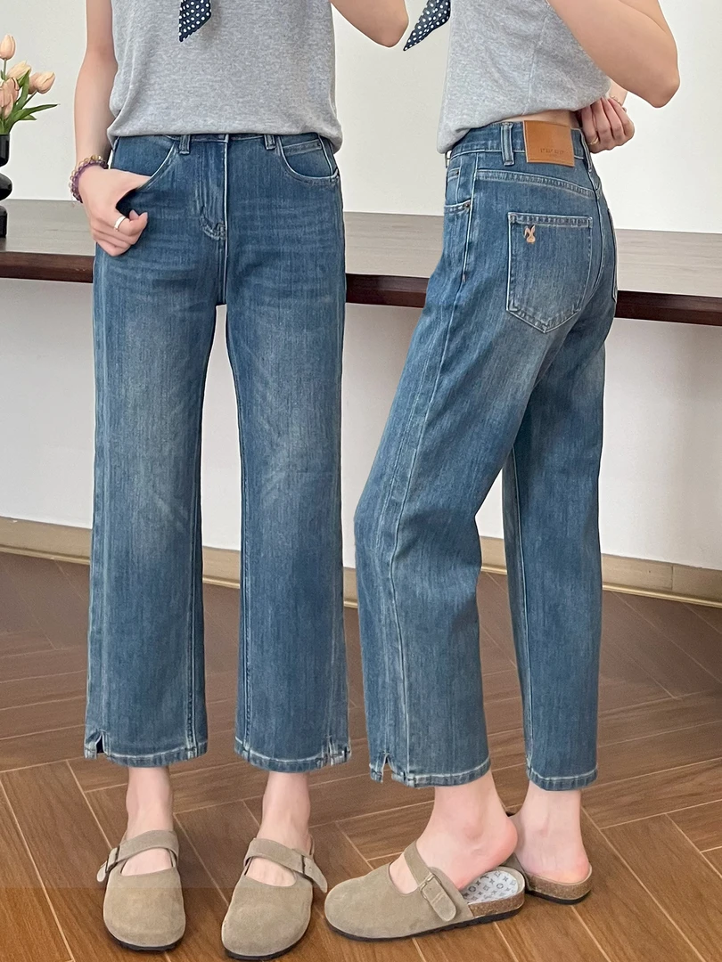 秋冬新款时尚百搭直筒分叉牛仔裤女胖MM梨型身材高腰显瘦烟管裤子