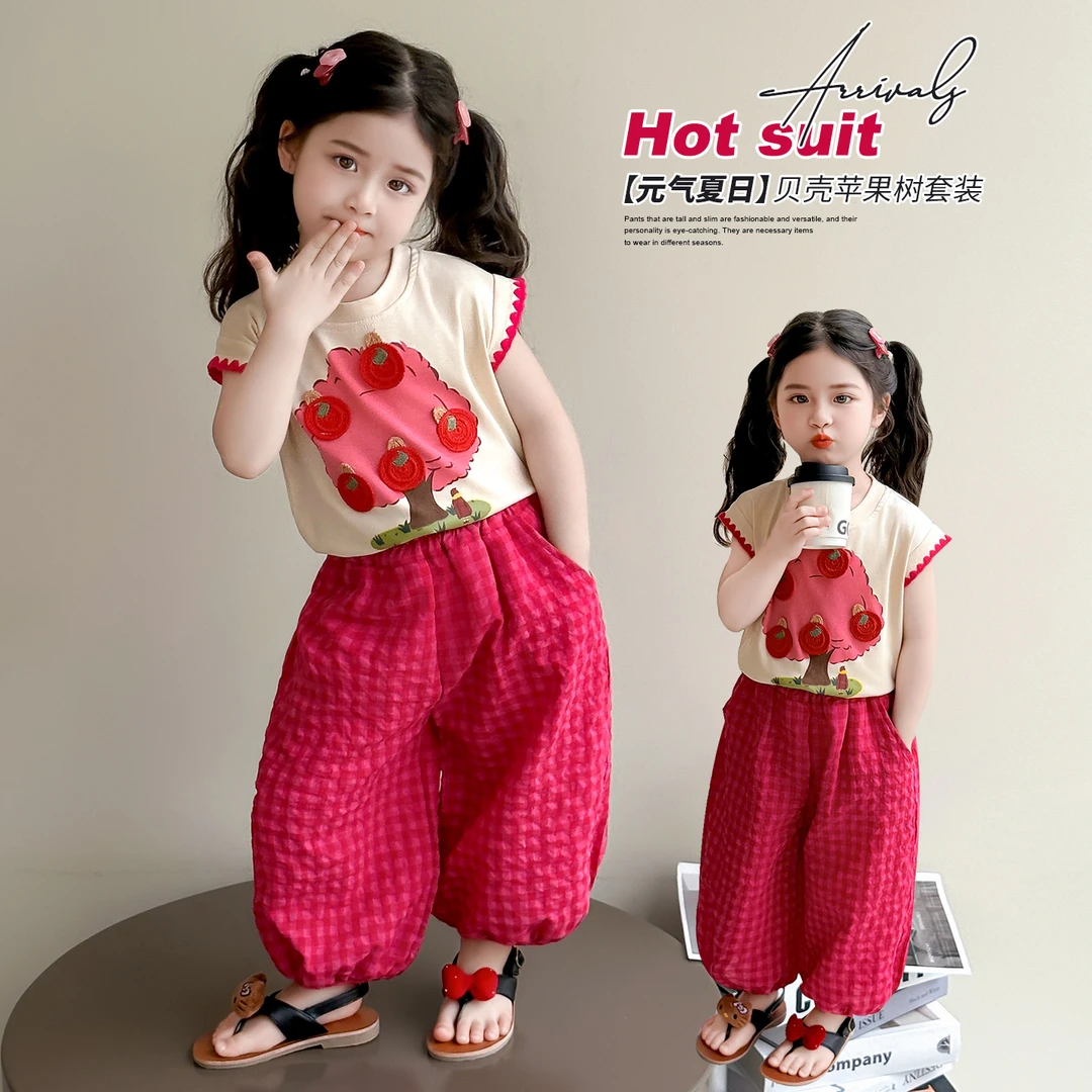 女童套装洋气苹果树儿童短袖灯笼裤两件套小女孩宝宝夏装2025新款