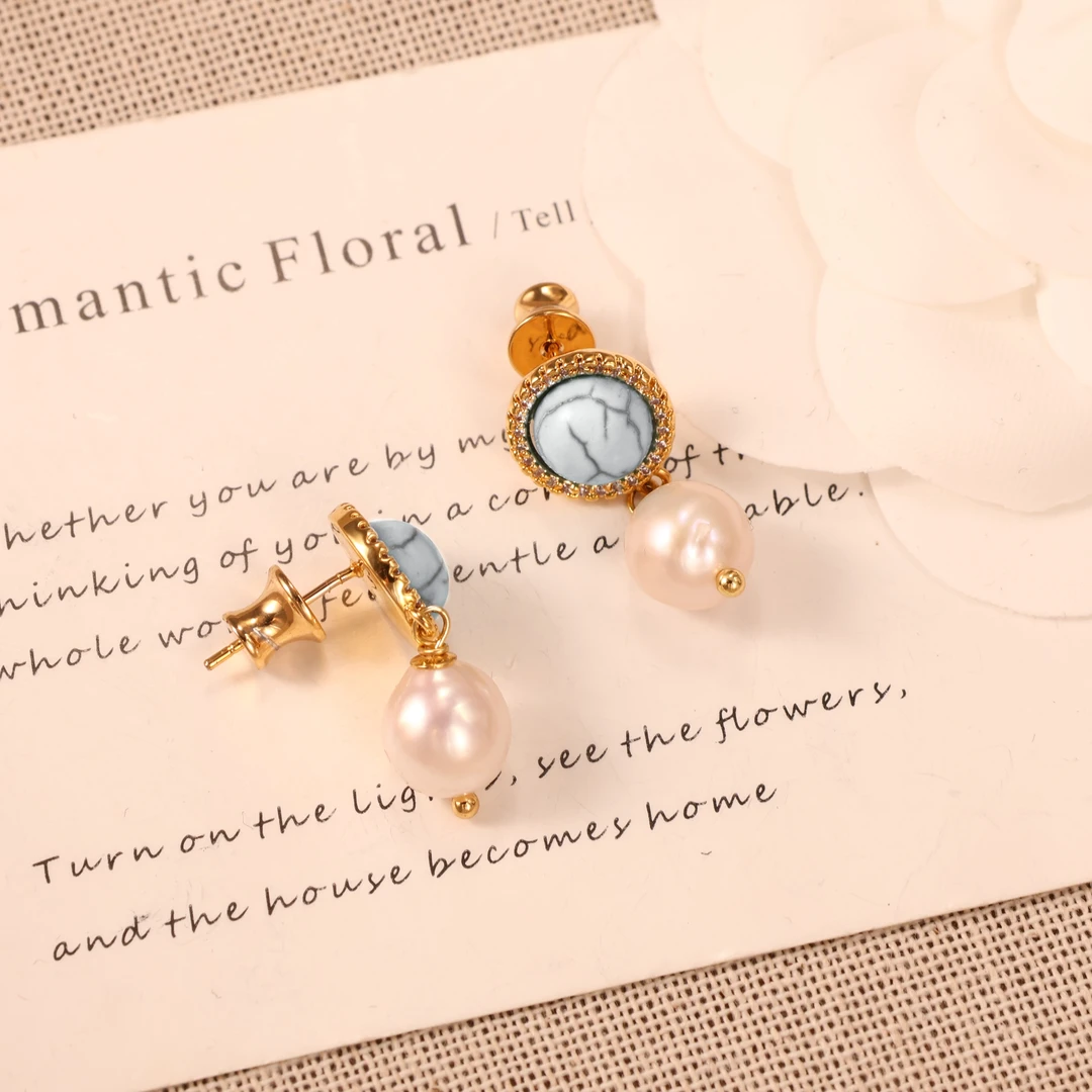 铜合金耳饰 桃柳争妍耳钉B896时尚简约百搭铜合金亚克力珠珠