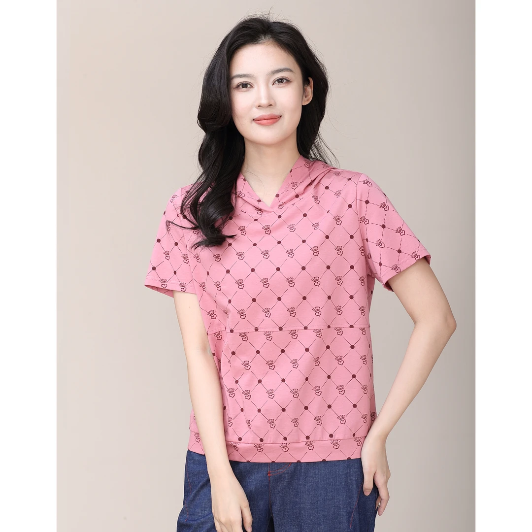 2025春夏新款女装时尚减龄满印宽松休闲短袖薄款连帽卫衣大码舒适