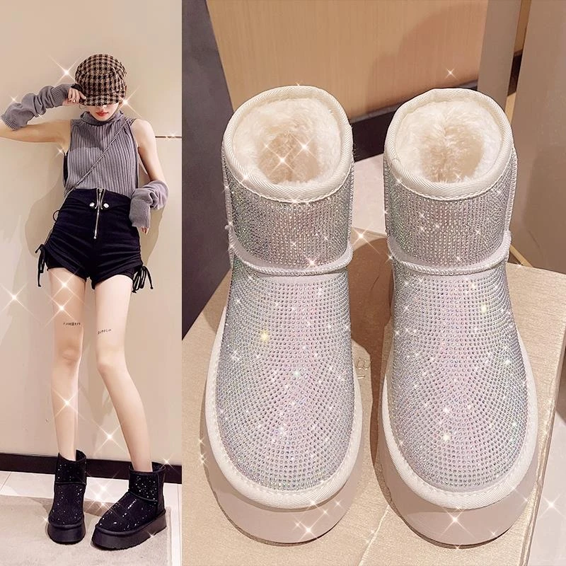 FAVMARTHA-满天星水钻雪地靴女冬2025新款厚底棉靴短筒加绒加厚保