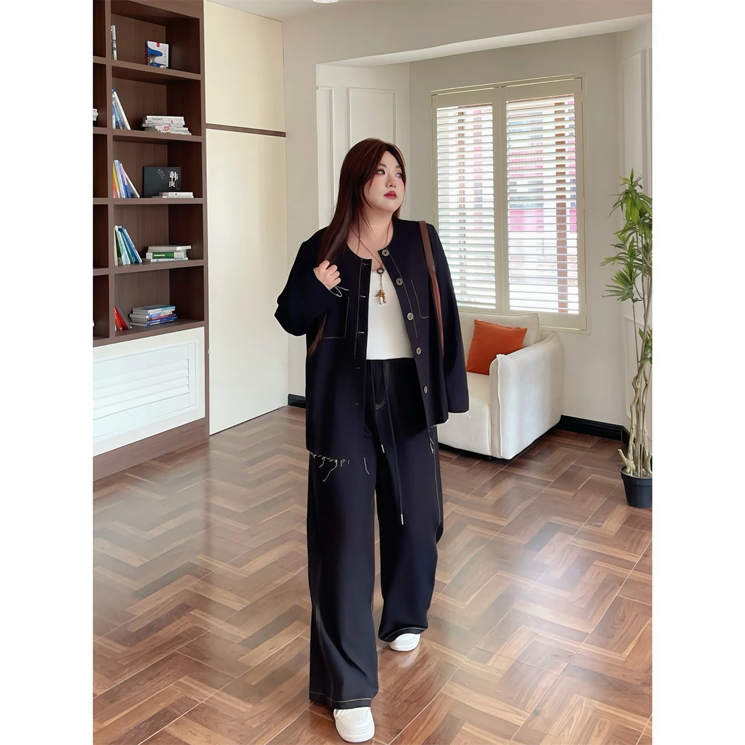 大码女装秋季简约花契200斤胖mm韩系暗竹节牛仔阔腿裤套装15838-C