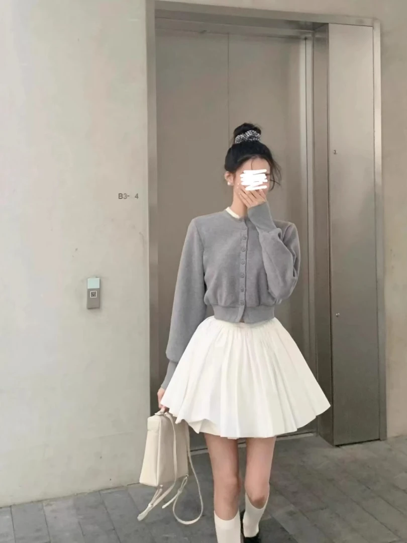 2025春季新款小个子短款针织开衫外套a字蓬蓬公主裙显瘦短裙套装