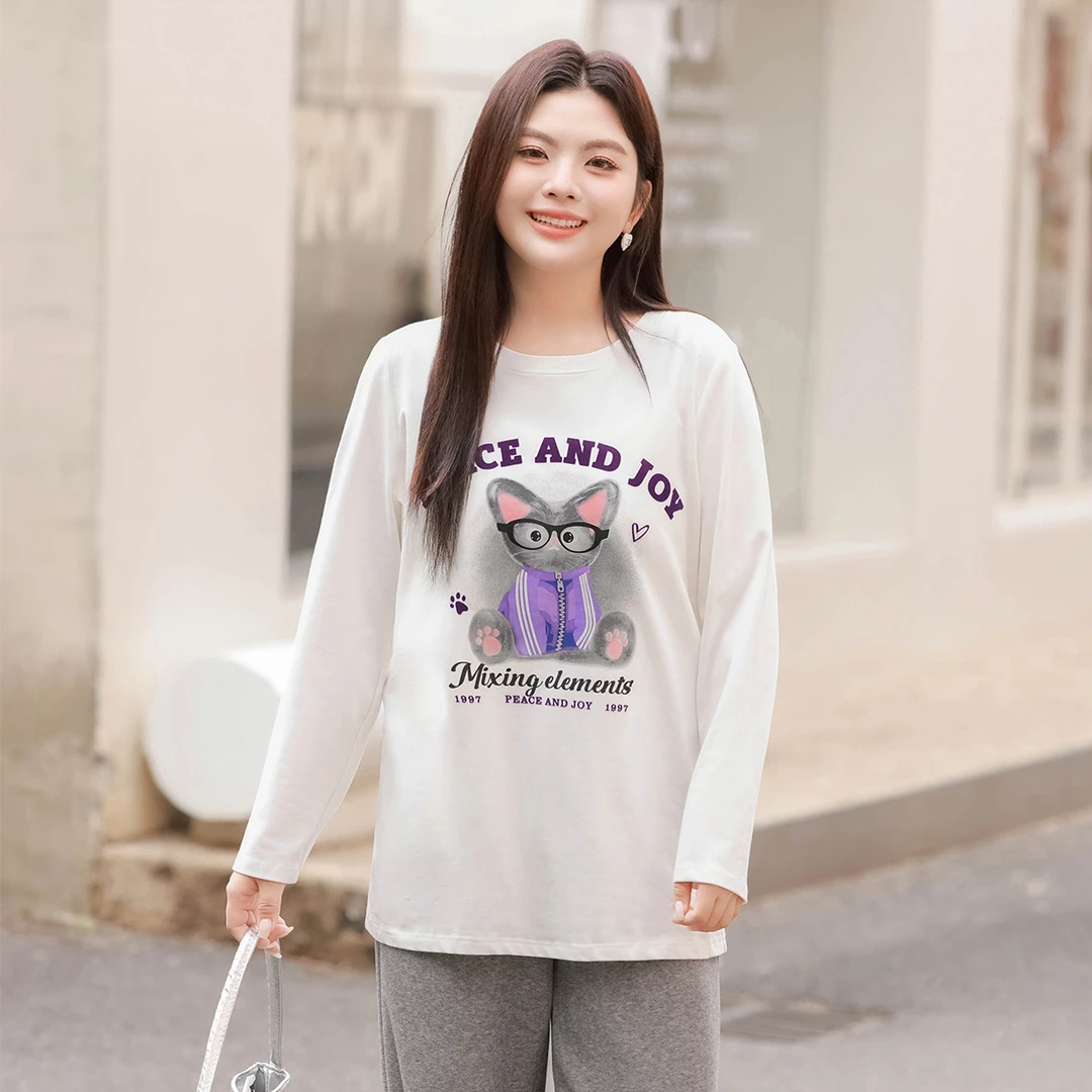 【舒柔棉】MsShe大码女装春装植绒字母印花内搭打底衫T恤K2412007