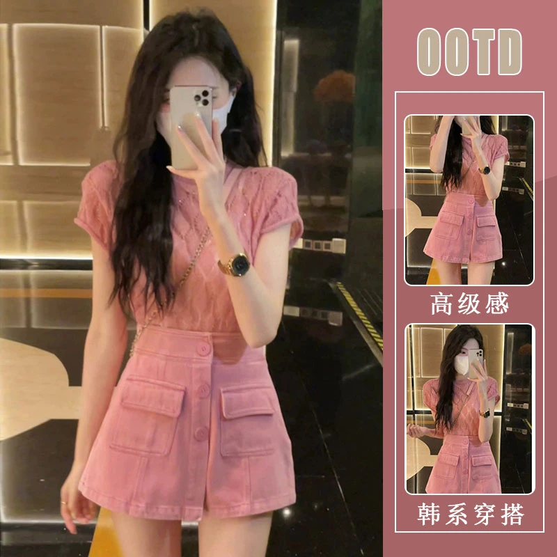 法式气质小香镂空短袖针织衫套装女夏季高腰显瘦牛仔短裤两件套装