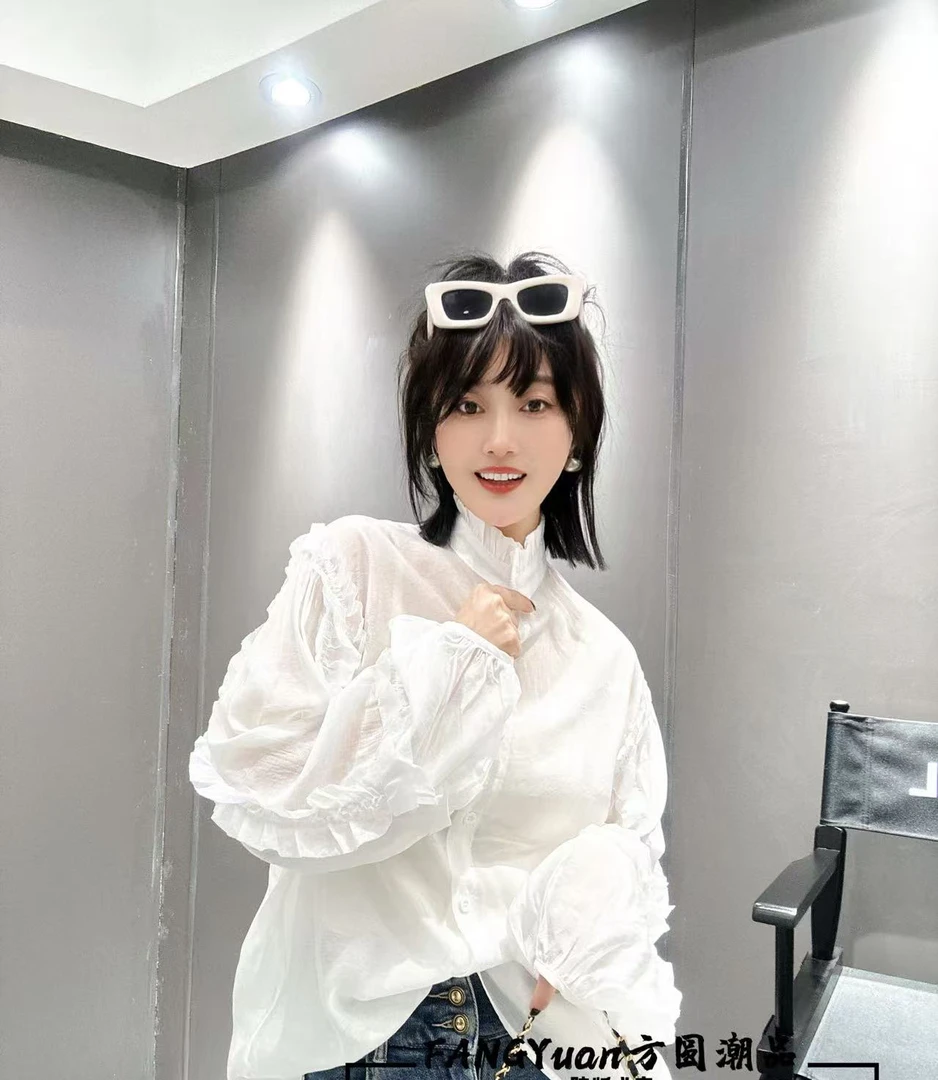 彩色立领宽松衬衫女法式高级感灯笼袖蕾丝花边上衣