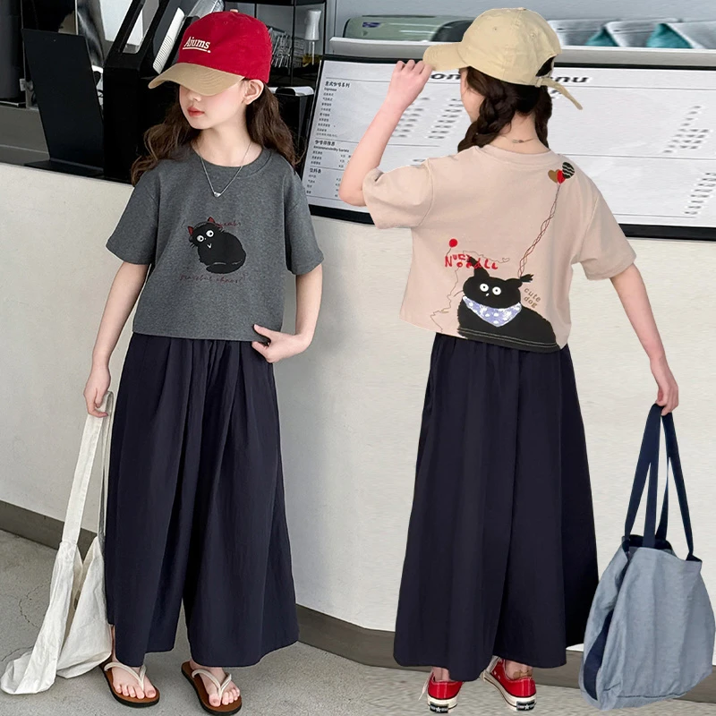 女童夏季黑猫t恤棉布裙裤套装2025新款中大童装短袖阔腿裤两件套