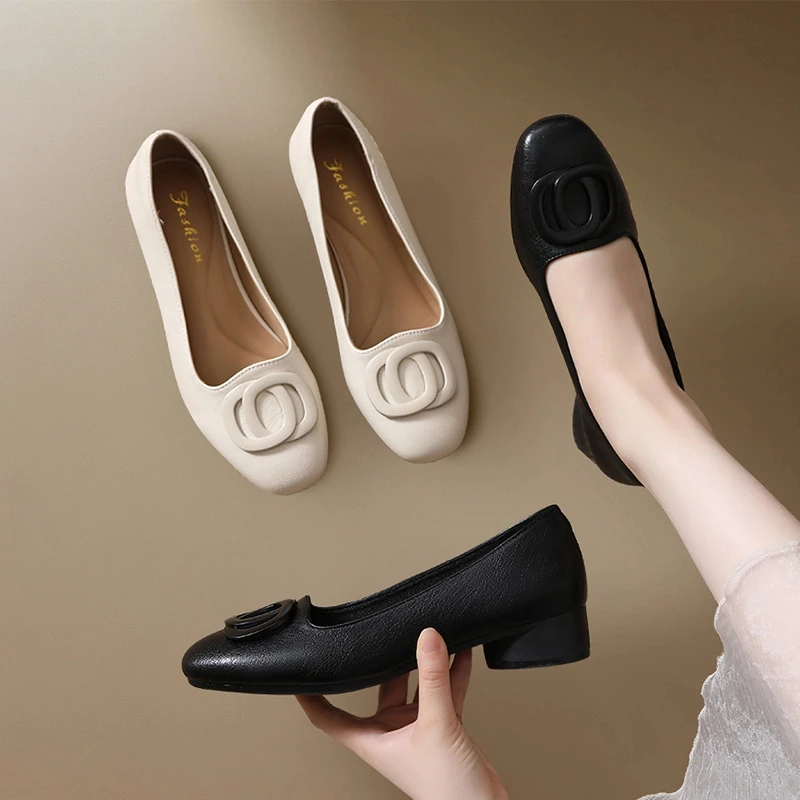 时尚粗跟方跟浅口时尚休闲风单鞋皮鞋低方头奶奶鞋春秋软底