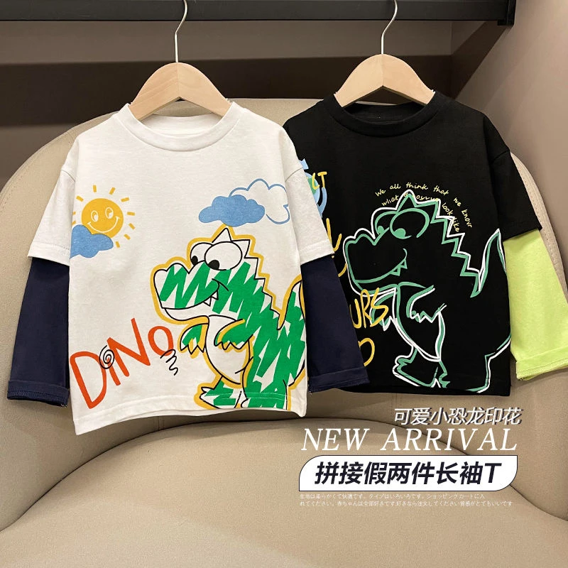 男童纯棉恐龙假两件长袖T恤打底衫春装童装儿童宝宝小童春季潮t
