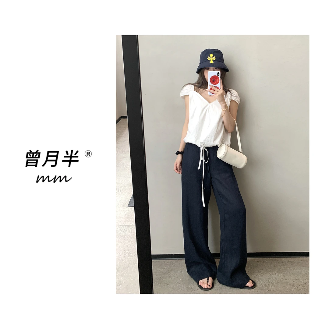 曾月半《少女心结》全棉宽肩带双V领绑带小衫！ZS1218