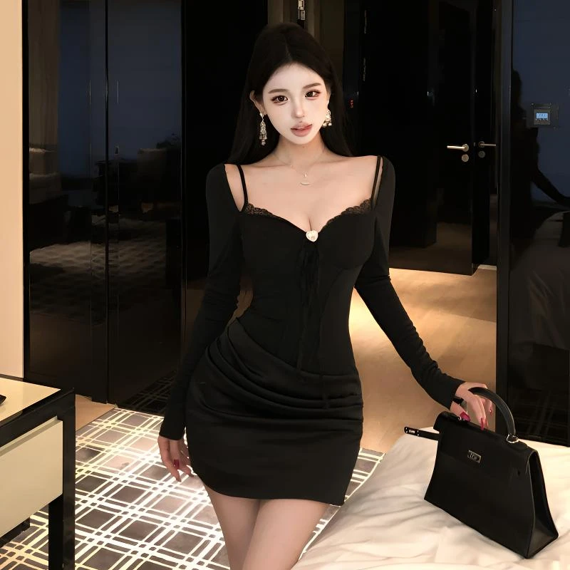 纯欲性感辣妹秋季法式设计感复古小众修身显瘦鱼骨长袖包臀连衣裙