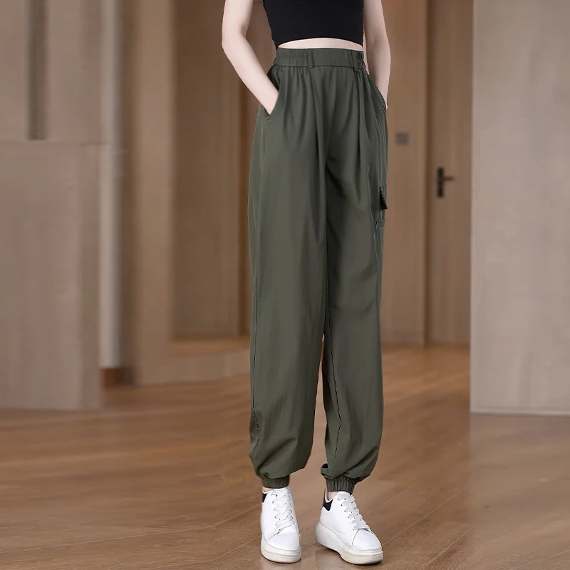 夏季薄款宽松高腰户外束脚裤子2025新款工装裤女休闲哈伦运动裤女