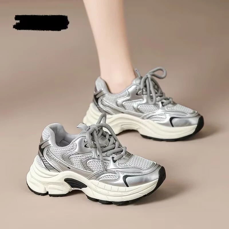 爆款银色老爹鞋女2025春季新款厚底透气运动鞋复古百搭软底休闲鞋
