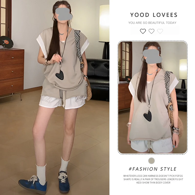 欧货休闲时尚套装女夏季大码V领落肩袖T恤高腰显瘦短裤两件套女