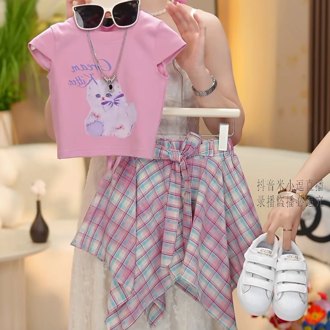 【米小逗】女童装2025洋气薄款时髦夏季时尚粉色蝴蝶结裙裤套装k036