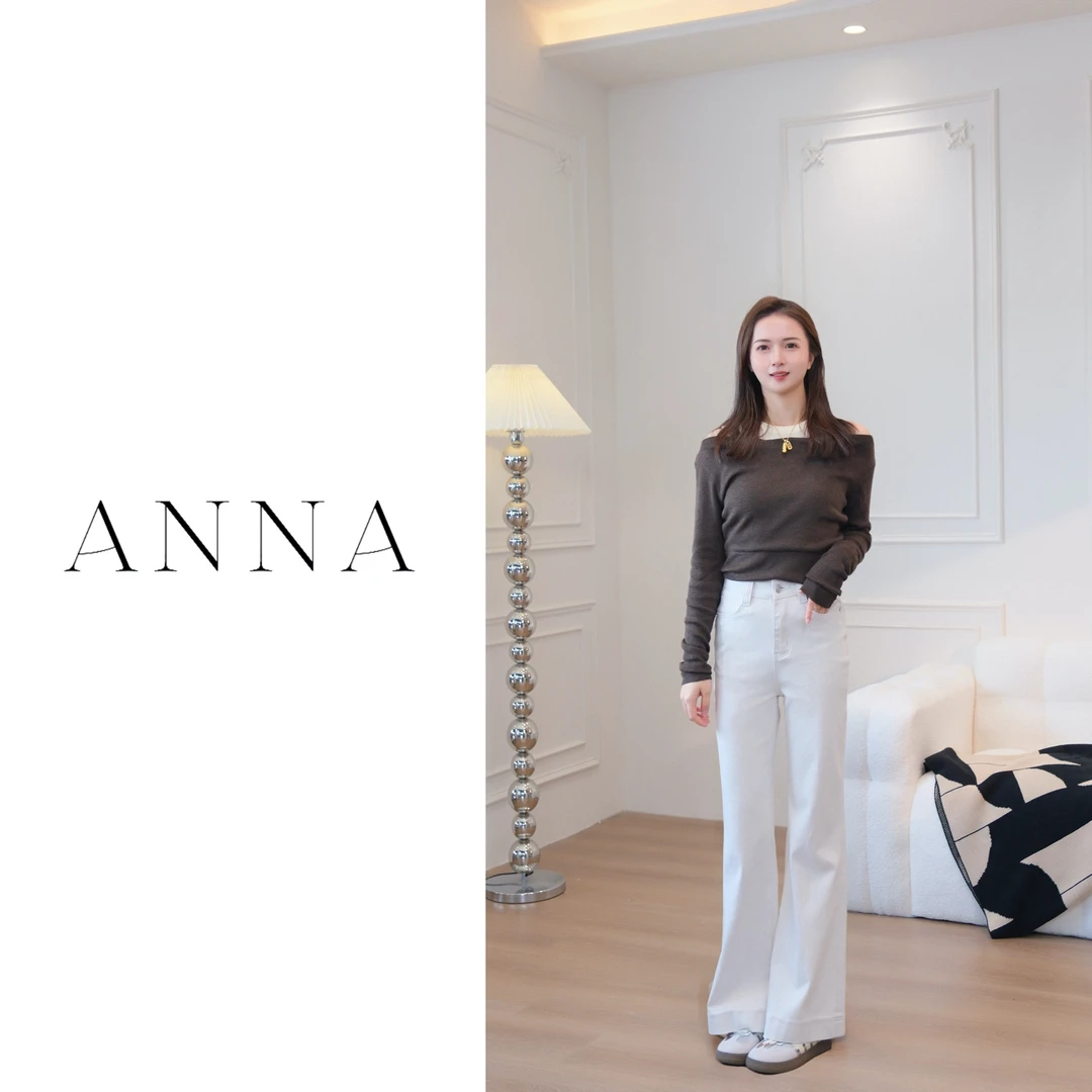ANNA “晨雾山茶” 灰白色系四面弹直筒喇叭牛仔裤小个子