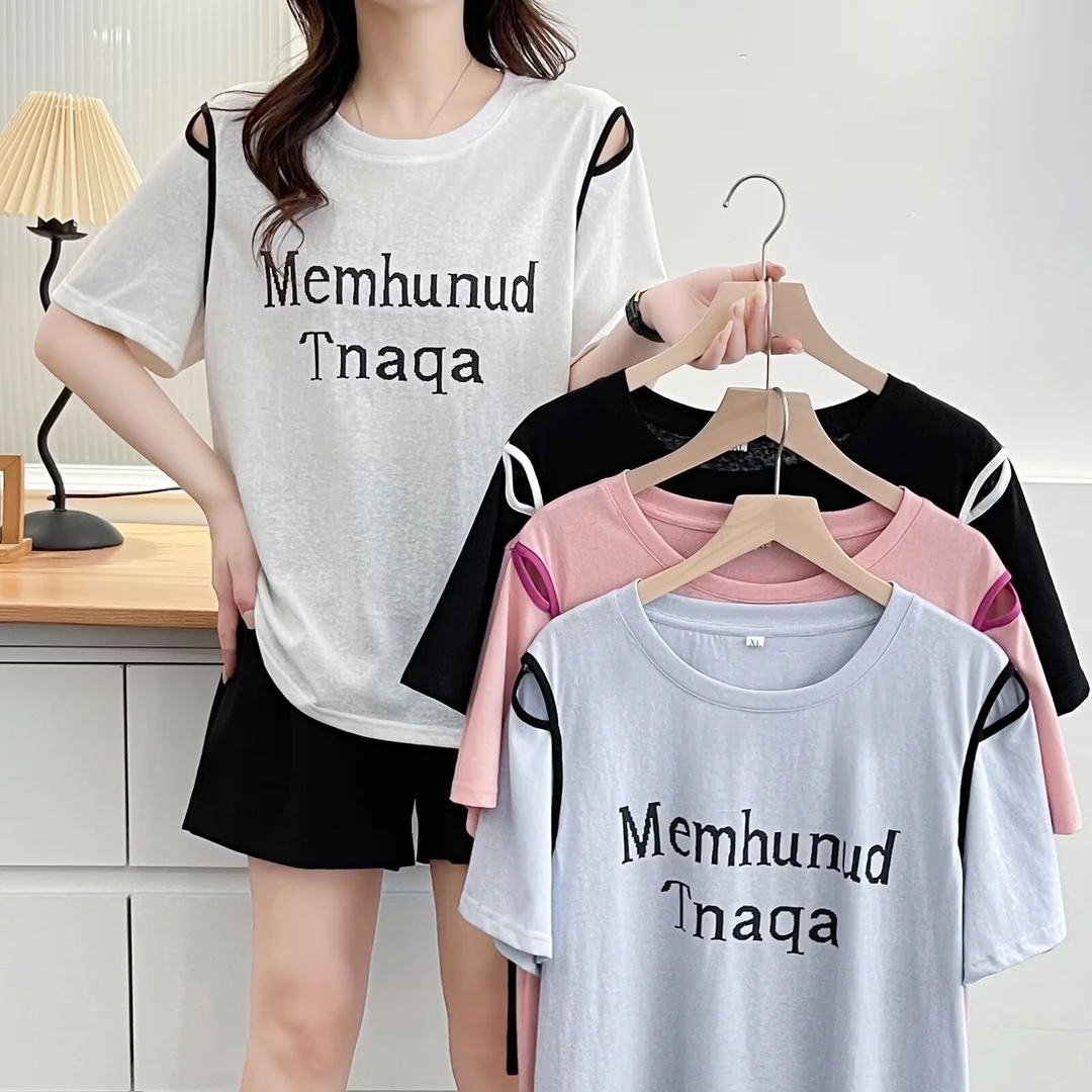 美格加110-200大码女夏季新款圆领露肩洋气短袖宽松显瘦百搭上衣