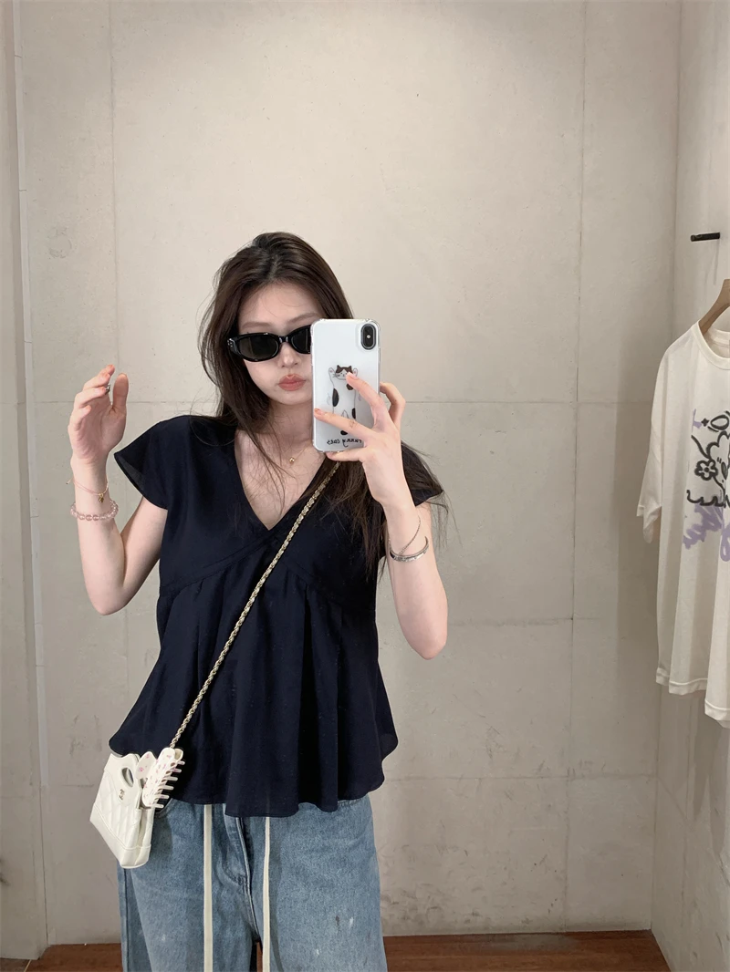 【OPENING自制】珍妮告白 V领纯色简约系带纯色上衣