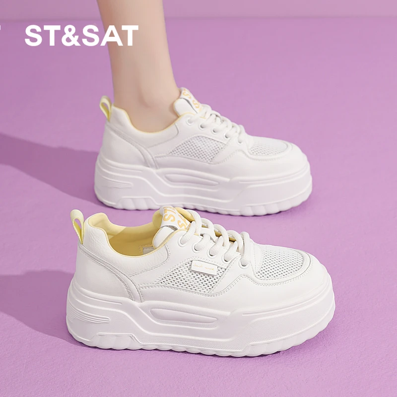 星期六厚底小白鞋女2025冬季新款网面透气女鞋小个子百搭休闲板鞋