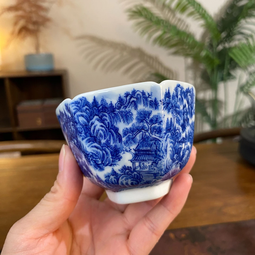 【九茗珍藏】精工山水六方杯 景德镇纯手工手绘茶器茶具