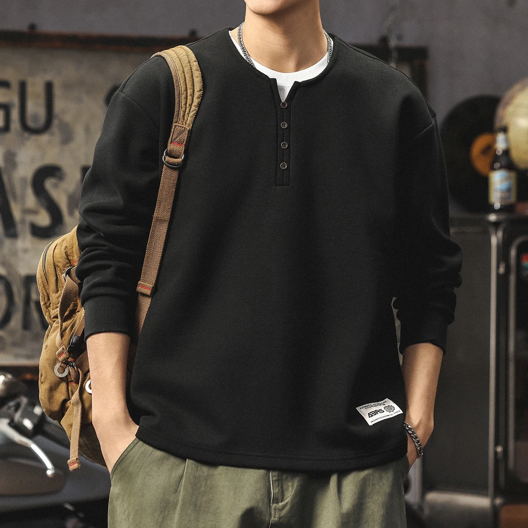 MR.MUDI/穆迪先生亨利领卫衣男款春秋款简约纯色长袖黑色打底衫