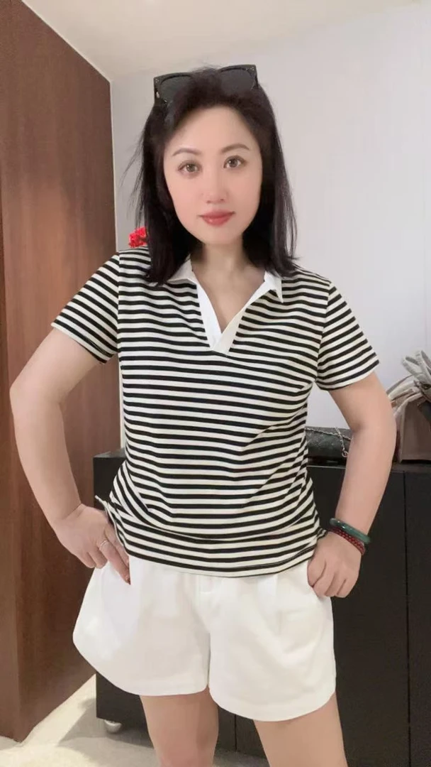 艾米佳尔夏款显瘦休闲百搭短袖条纹polo领T恤88036