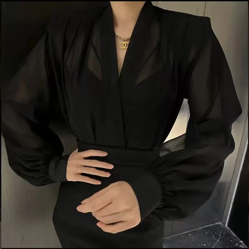 2025春季新款波点长袖雪纺衬衫女复古港风西装领衬衣气质显瘦上衣