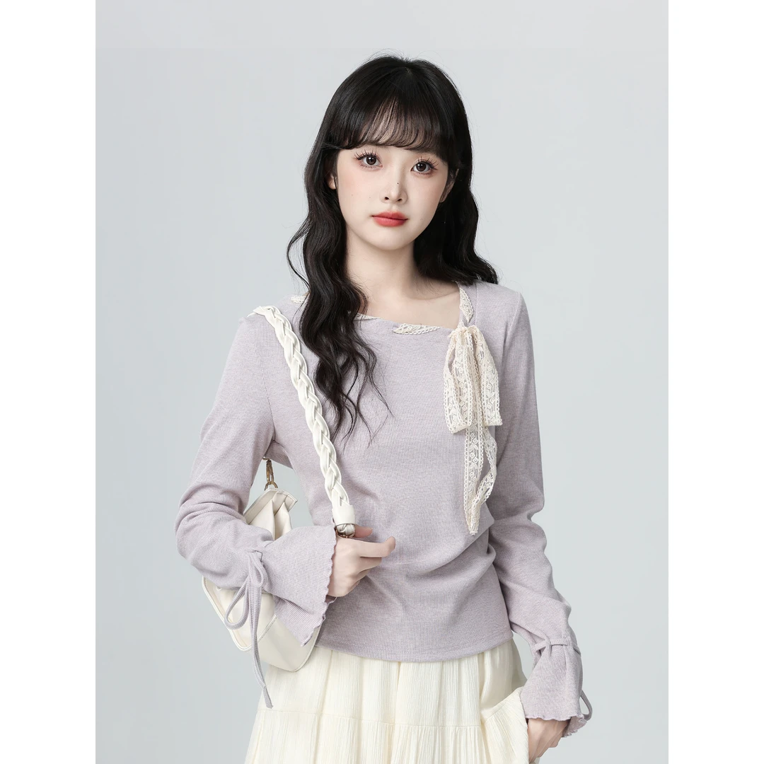 法式紫色设计感斜肩长袖t恤女秋季短款修身蝴蝶结系带打底衫上衣