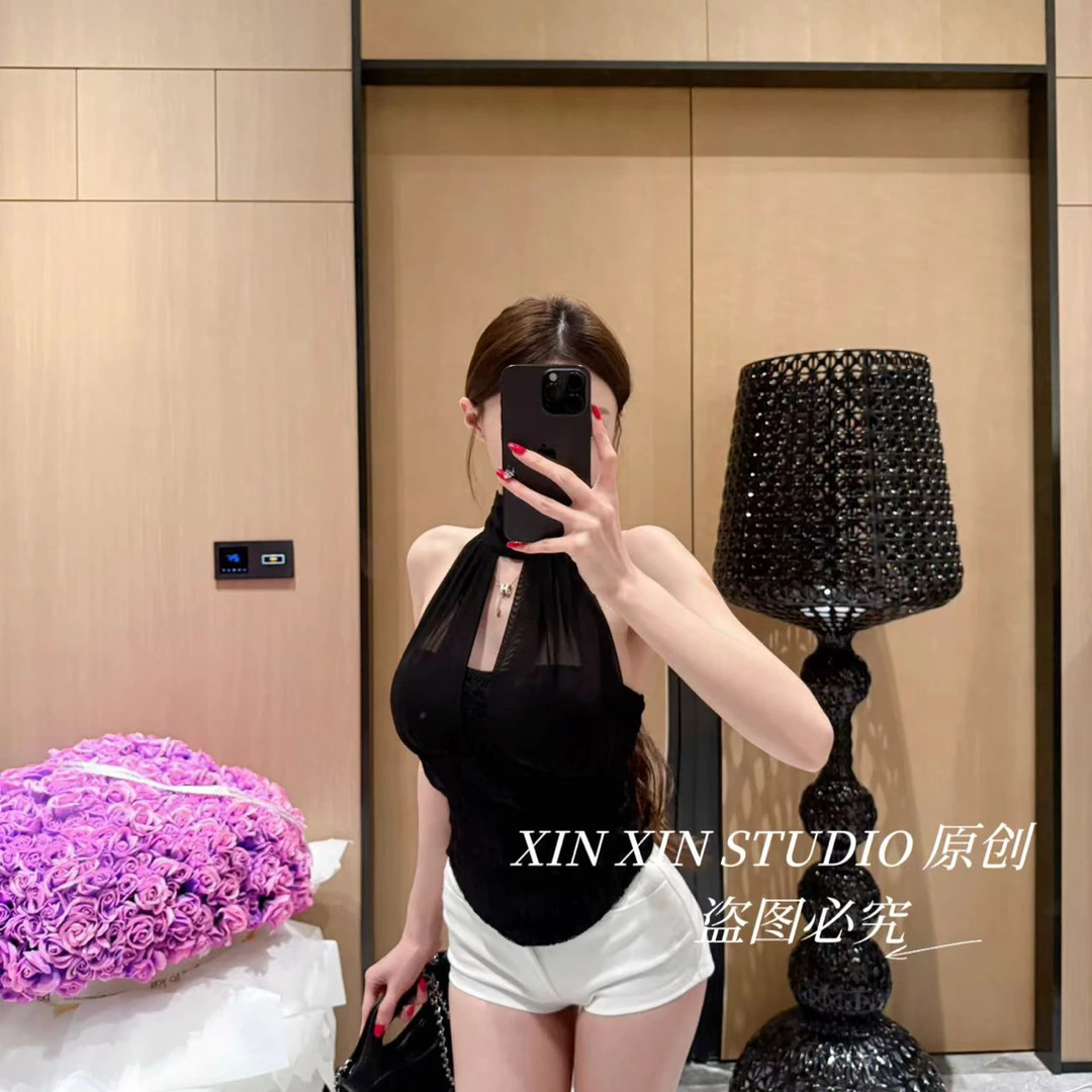［蕾丝蝴蝶］网纱挂脖设计感纯欲风挂脖气质吊带上衣