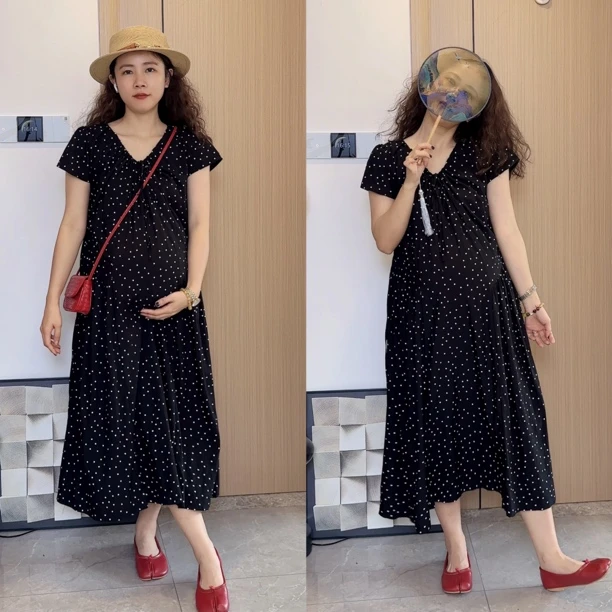 梨形身材穿的孕妇装夏季韩系简约波点短袖时尚气质中长款连衣裙
