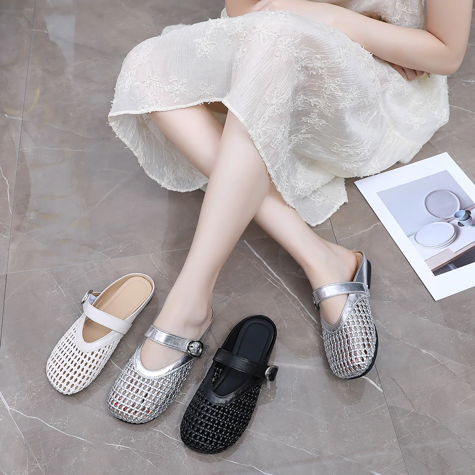 镂空编织脚蹬拖鞋女鞋平底2025橡胶夏季新款软底透气半拖鞋女外穿