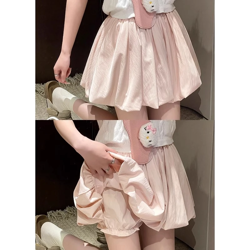 粉色花苞短裙女夏季高腰显瘦a字防走光南瓜裤小个子半身裙百褶裙